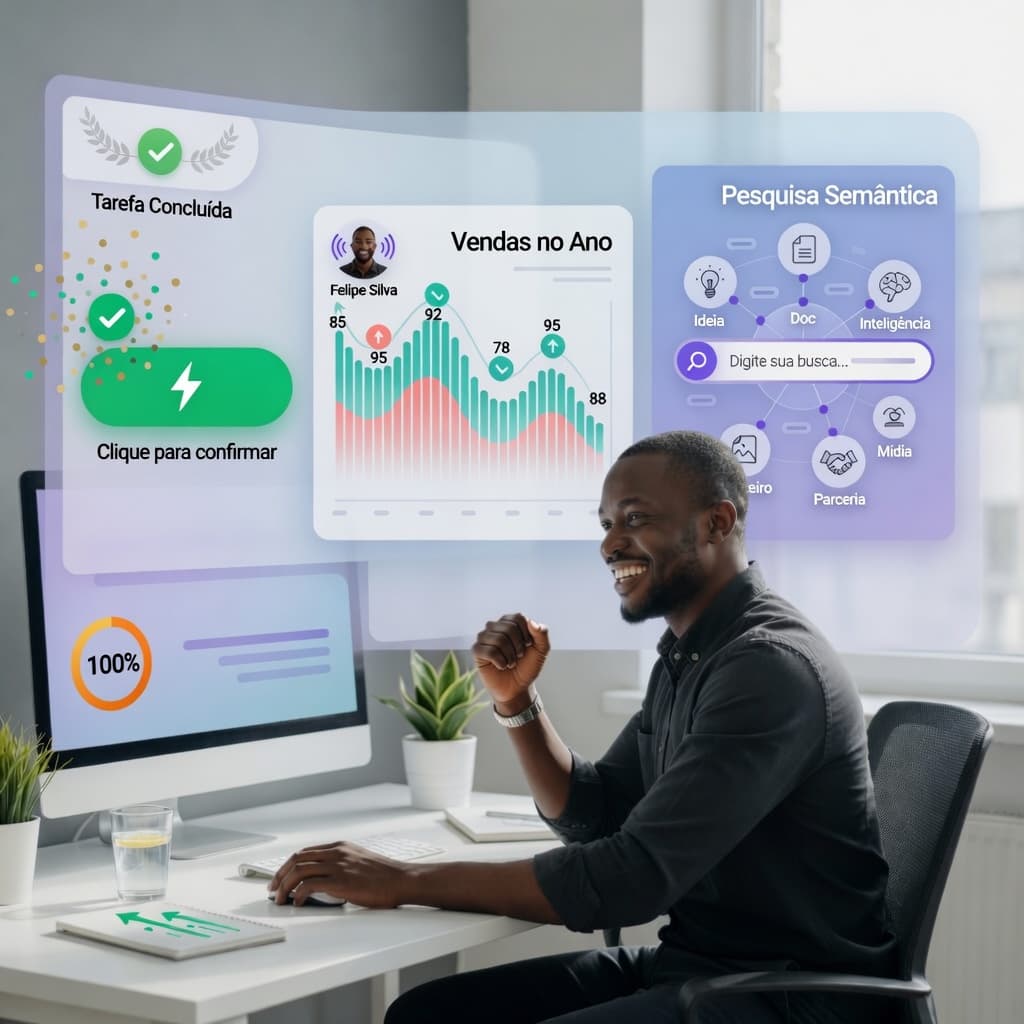 Liciton — usuário comemorando vitória com dashboards de pesquisa semântica e performance